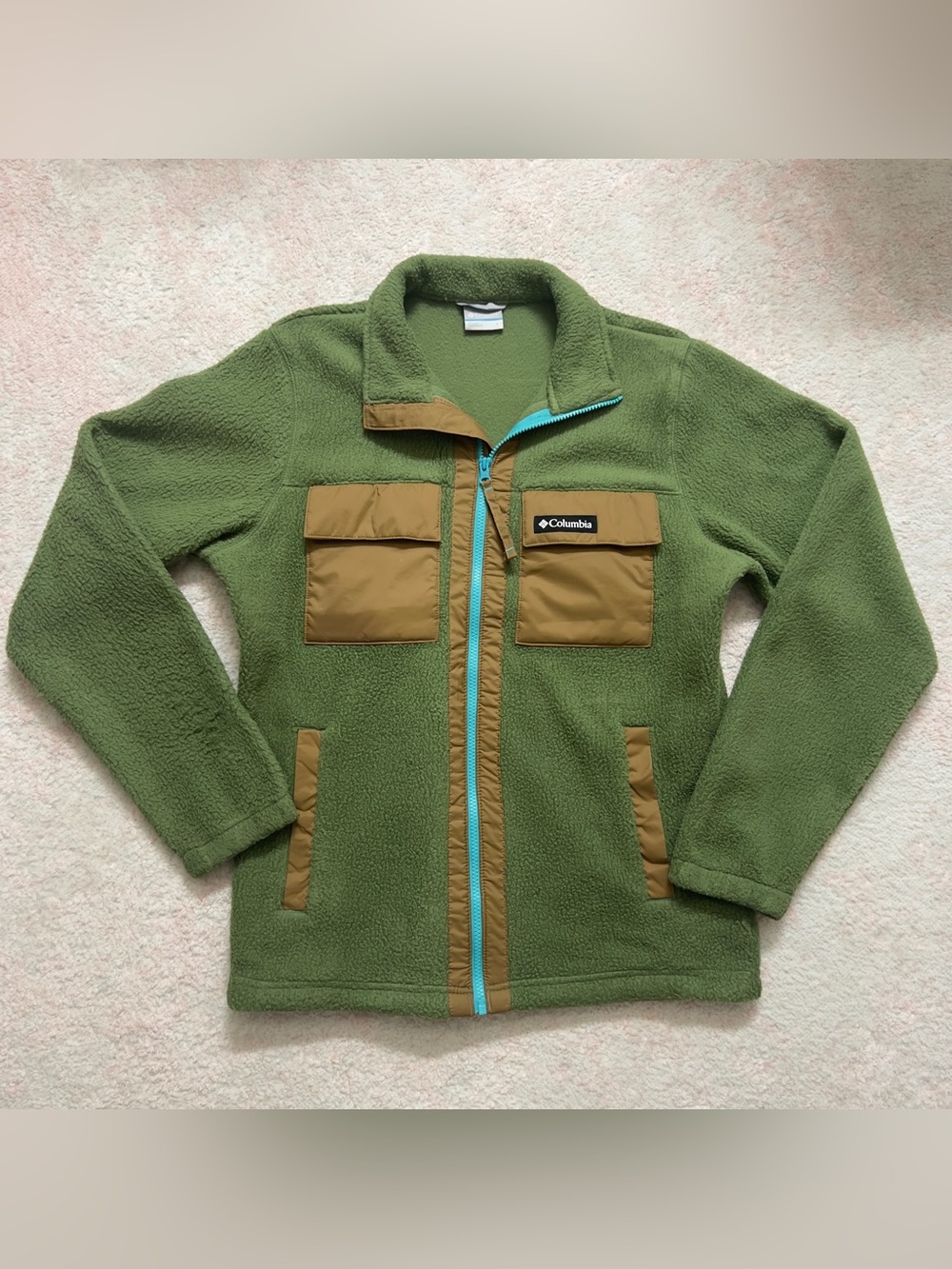 Columbia Olive Green Fleece Jacket with Tan Pockets and Turquoise Zipper